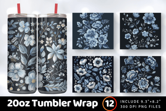 Dusty Blue Floral Embroidery Tumbler Wra