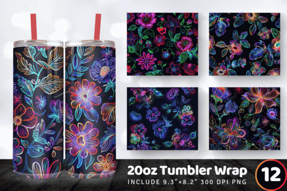 Neon Embroidery Flowers Tumbler Wrap
