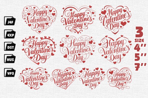 Set of 10 Happy Valentine’s Day Embroidery